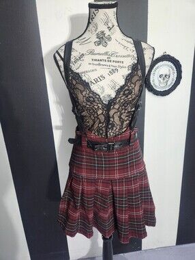 Killstar Suspender Plaid Pleated Skater Skirt with Built-In Belt